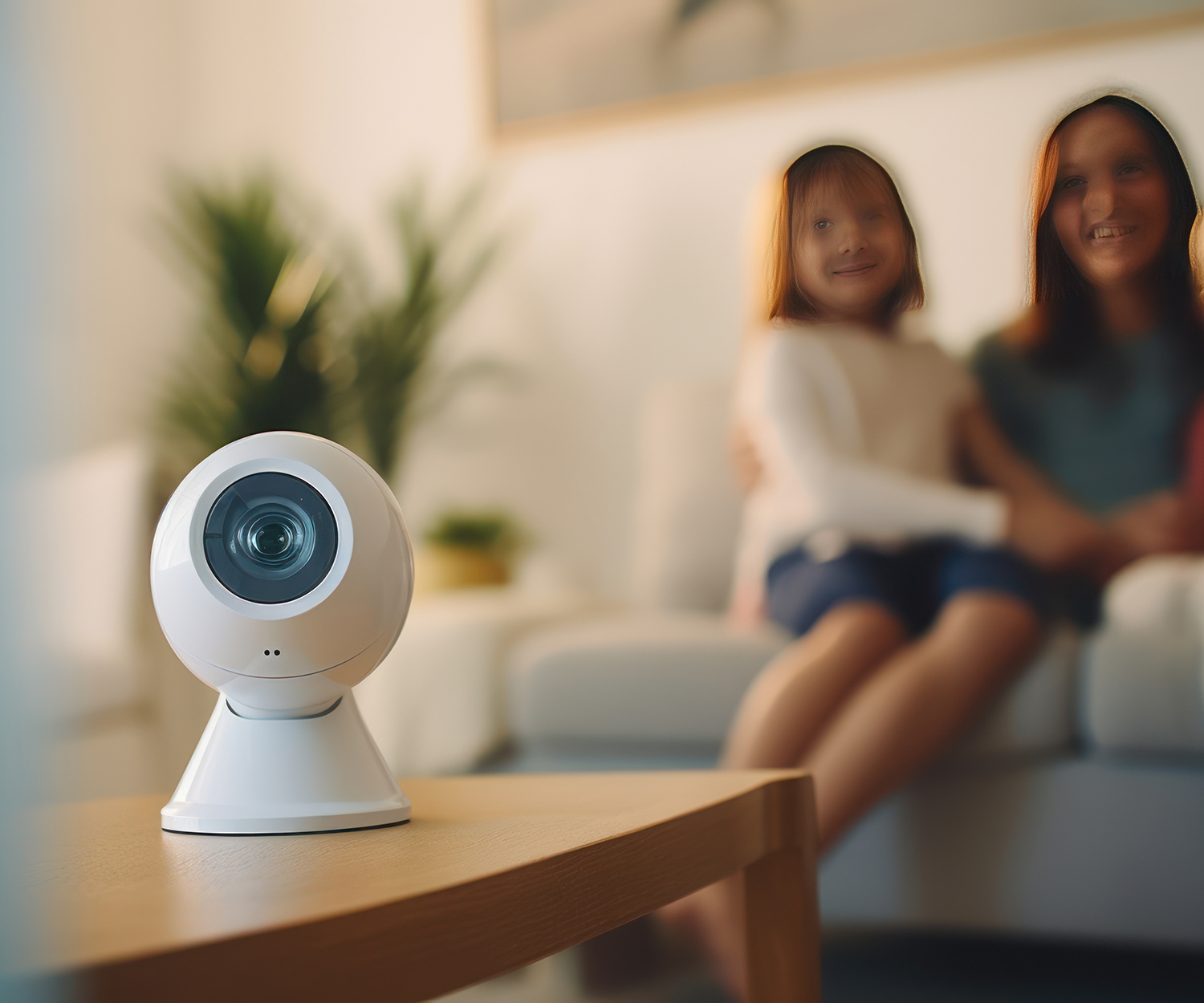 A close-up of a modern Wi-Fi security camera mounted on a white wall turns to a family sitting on a sofa in the blurred background
