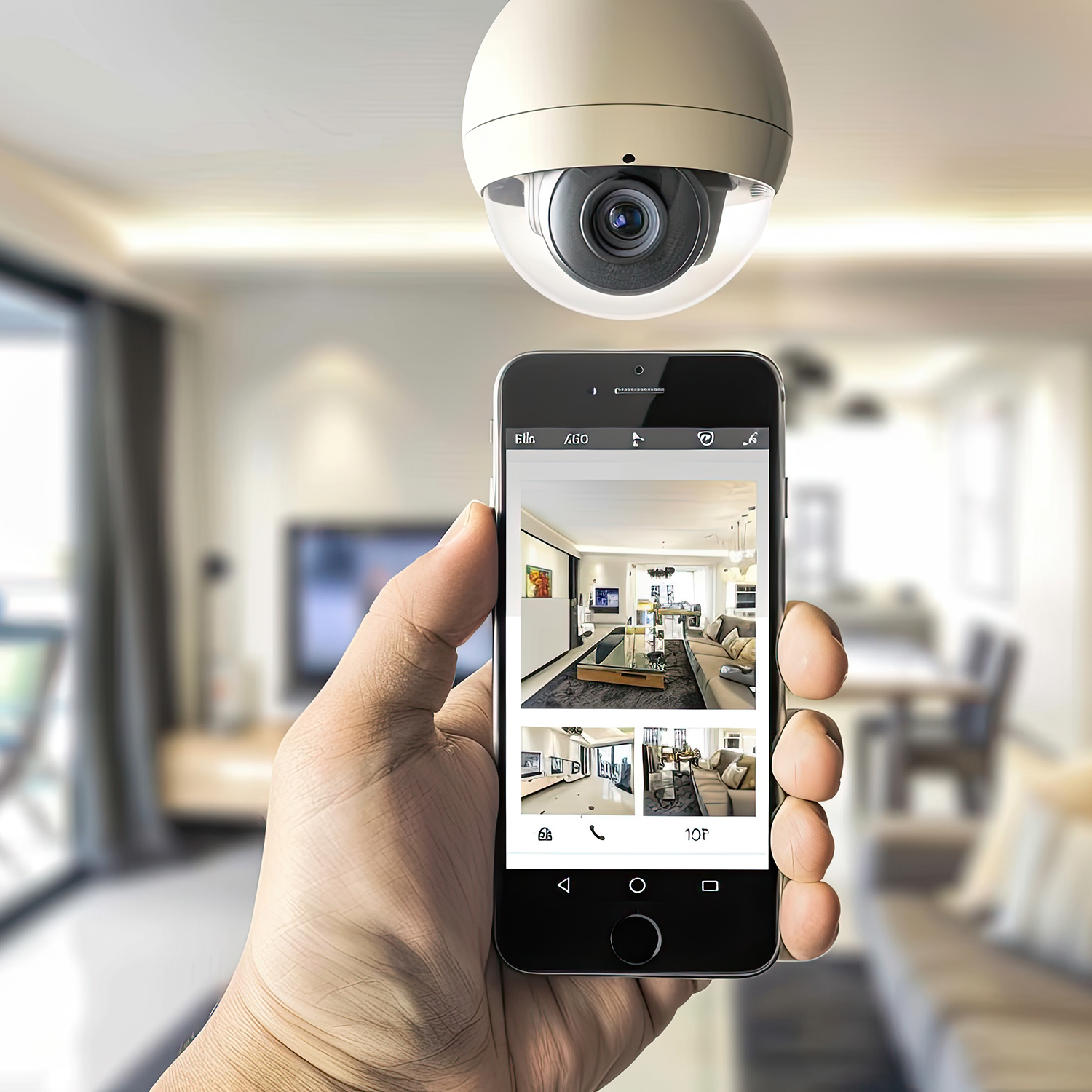 Person holding cell phone in front of security camera in living room